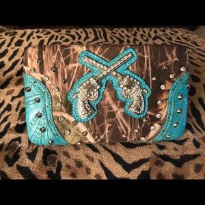 Camo & Turquoise rhinestone western snap wallet
